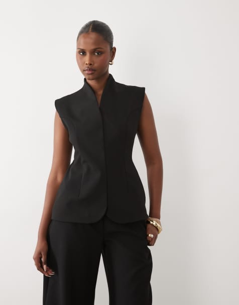 ASOS DESIGN bonded crepe tailored top in black in scuba-style fabric (part of a set) - view 1