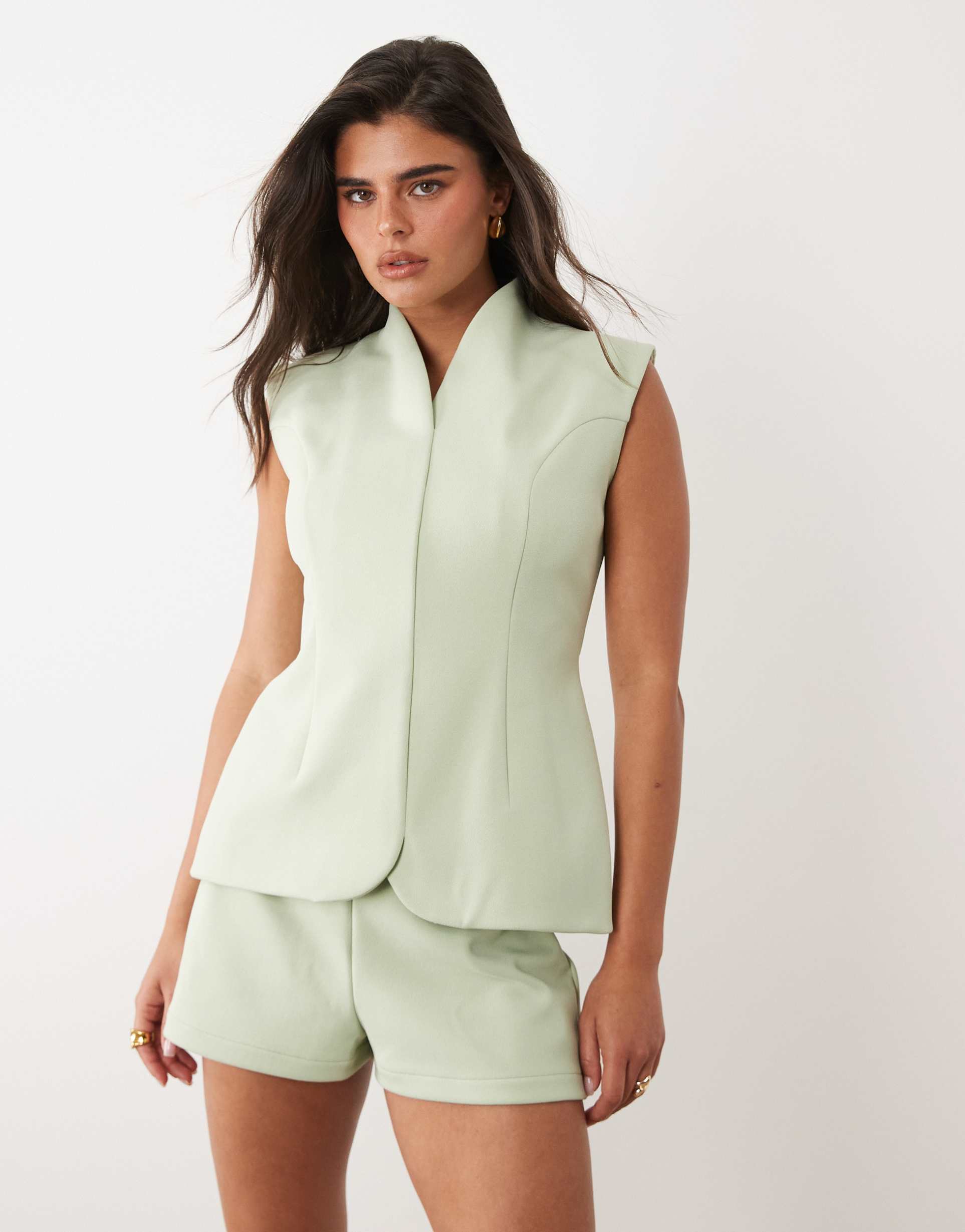asos design bonded crepe tailored top in sage green in scuba-style fabric - part of a set