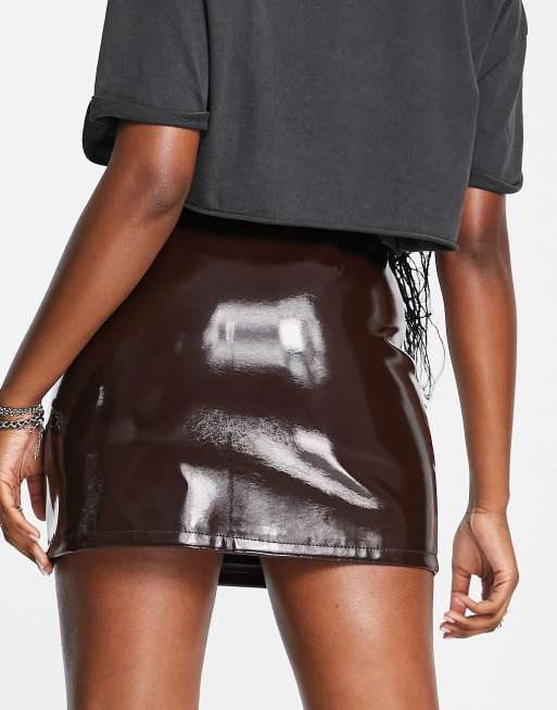 ASOS DESIGN bonded faux leather mini skirt with frill detail in