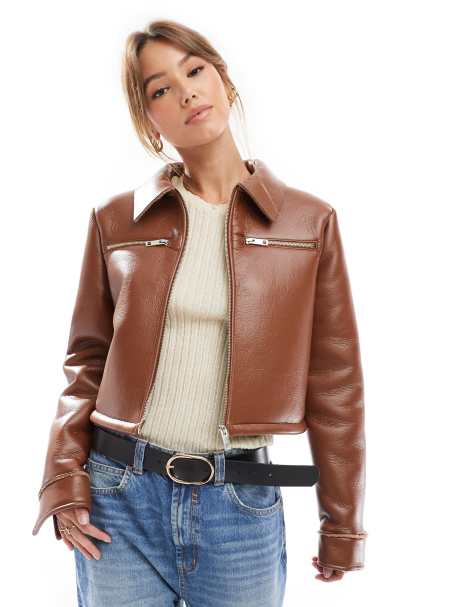 ASOS DESIGN bonded leather look borg harrington jacket in brown - view 1