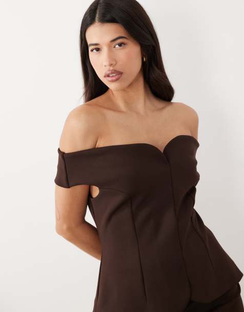 ASOS DESIGN bonded off shoulder tailored top in ivory (part of a set) - view 1
