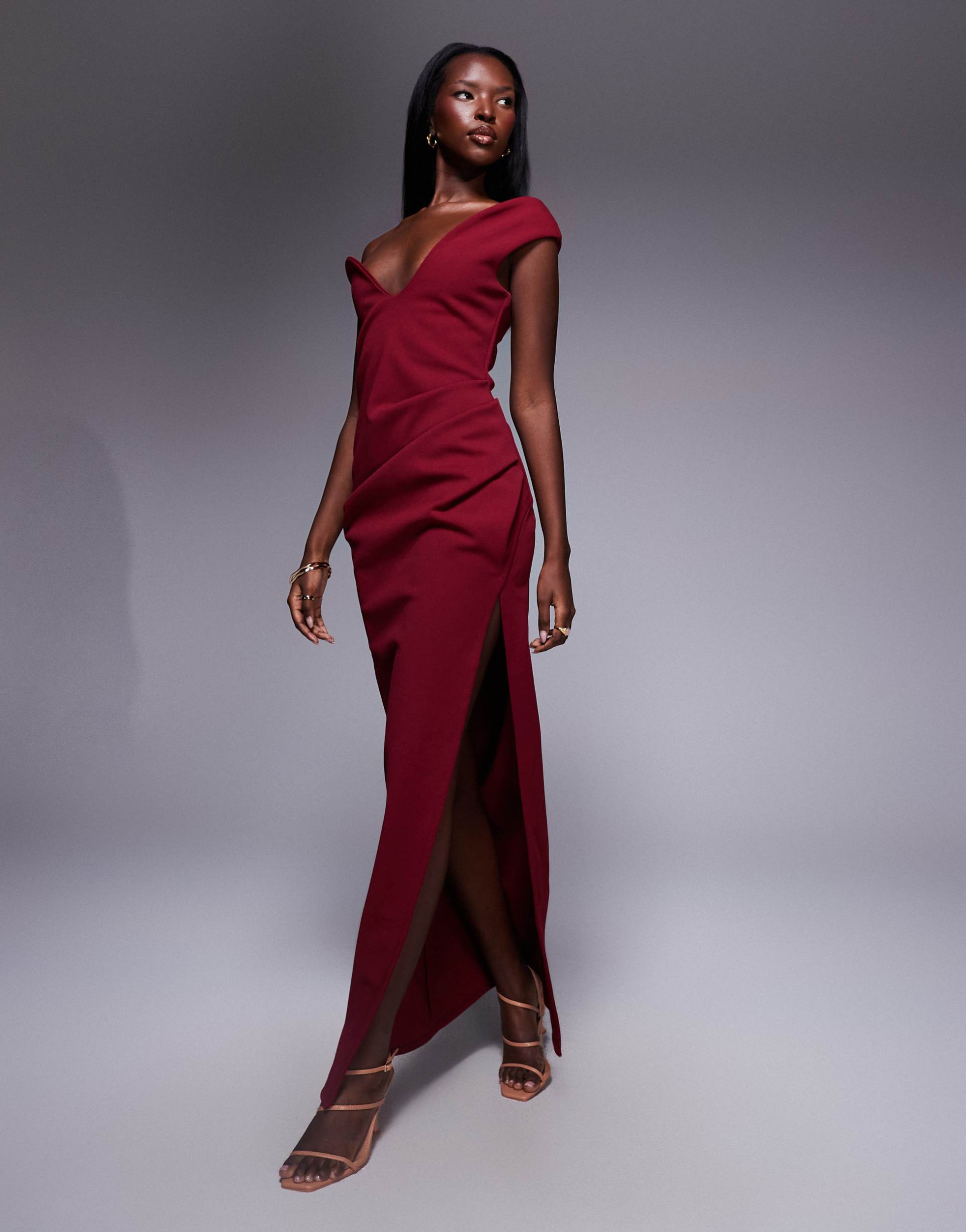 asos design bonded one shoulder maxi dress with curve neckline in berry scuba-style fabric