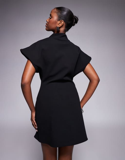 ASOS DESIGN bonded scuba cap sleeve mini dress with slash neck detail in black