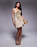 [ASOS DESIGN] ASOS DESIGN bonded scuba one shoulder mini dress with with pleated fan detail and gold hardware in stone-Neutral 14 Stone