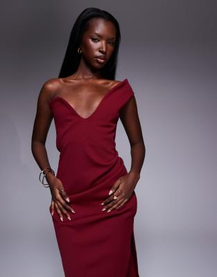 Asos Design Bonded Scuba-style Fabric Crepe One Shoulder Curve Midi Dress In Red