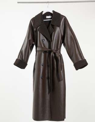 Asos Design Bonded Shearling Teddy Trench Coat In Dark Brown-orange ...