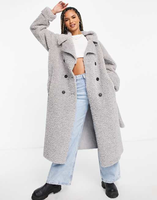 ASOS DESIGN bonded shearling trench coat in grey