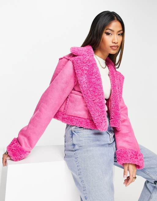 Miss Selfridge Collar Crop Faux Fur Jacket in Bright Pink