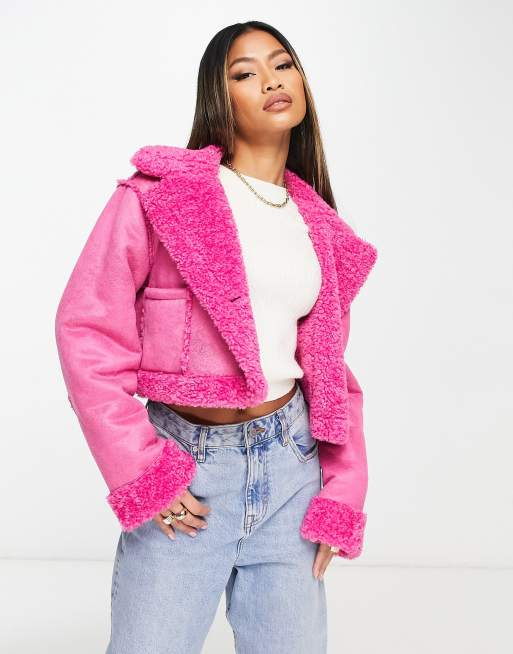 ASOS DESIGN bonded teddy cropped aviator jacket in pink