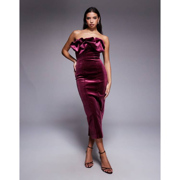 asos burgundy velvet dress DESIGN bonded bandeau structured midi with ruffle bodice detail in shoulder design and a