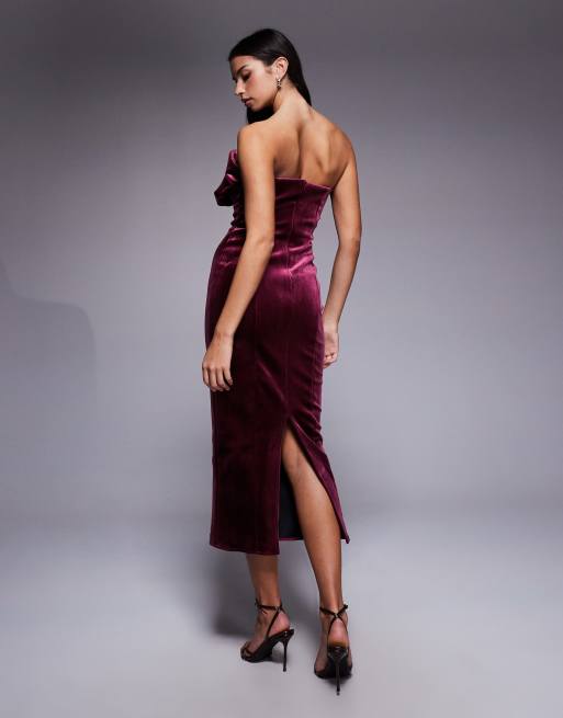 ASOS DESIGN bonded velvet bandeau structured midi dress with ruffle bodice detail in burgundy