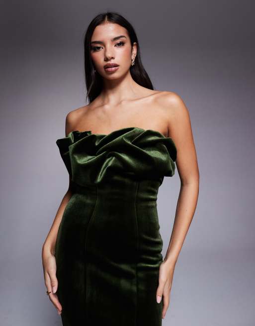 ASOS DESIGN bonded velvet bandeau structured midi dress with ruffle bodice detail in khaki green