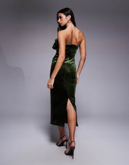 ASOS DESIGN bonded velvet bandeau structured midi dress with ruffle bodice detail in khaki green