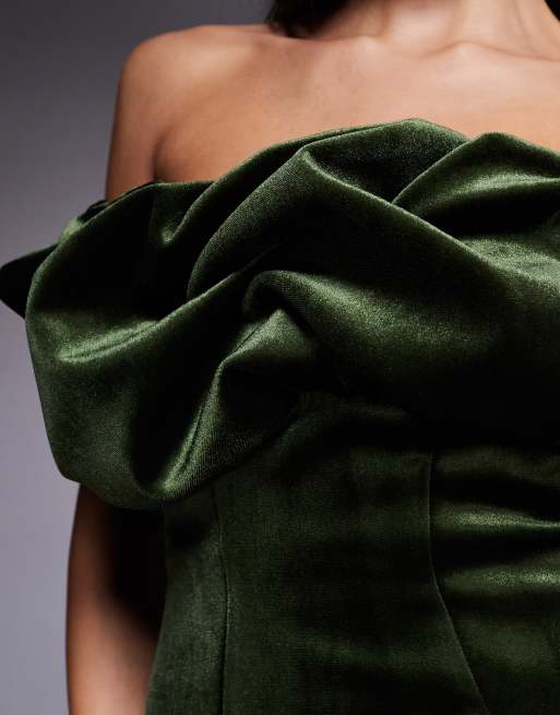 ASOS DESIGN bonded velvet bandeau structured midi dress with ruffle bodice detail in khaki green
