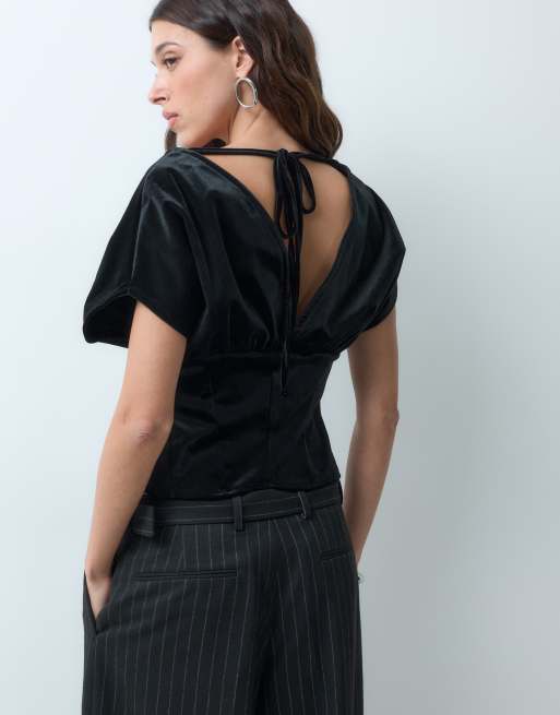 ASOS DESIGN bonded velvet cinched waist draped top in black, 4 of 5