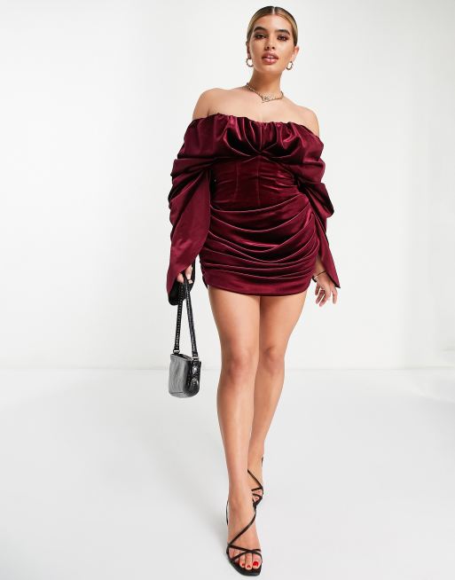 ASOS DESIGN bonded velvet extreme drape sleeve dress in burgundy