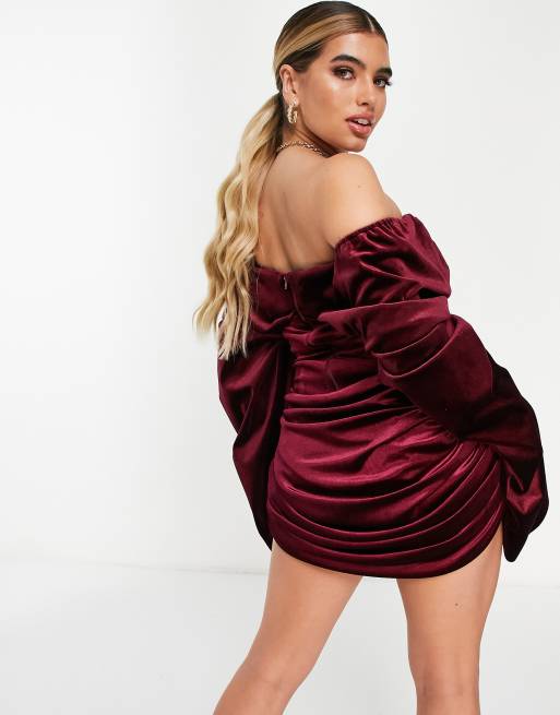 ASOS DESIGN bonded velvet extreme drape sleeve dress in burgundy