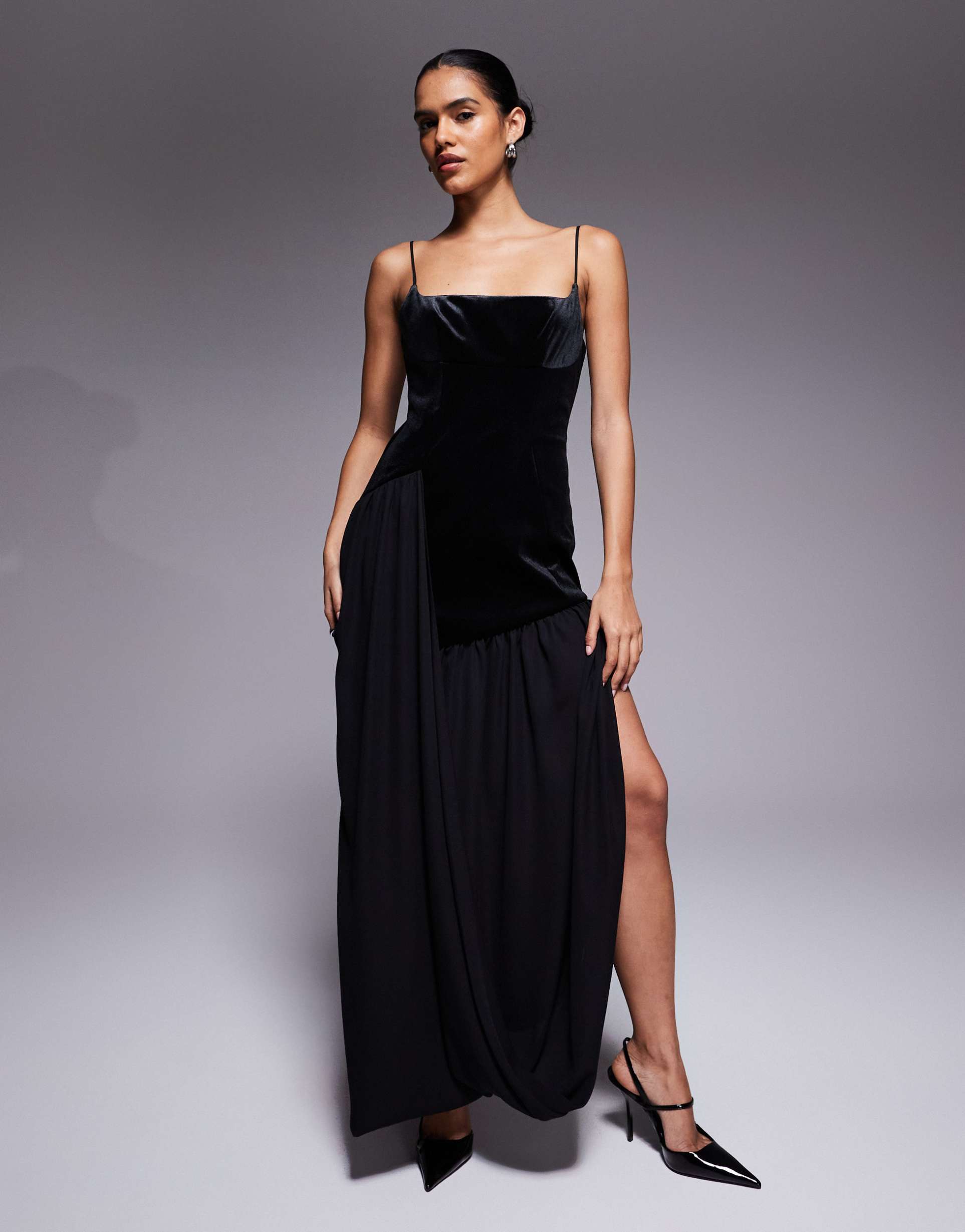 asos design bonded velvet hybrid maxi dress with soft draped skirt in black