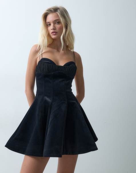 ASOS DESIGN bonded velvet ruched double cup seamed structured mini dress in black - view 1