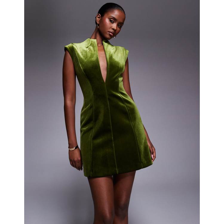 ASOS DESIGN bonded velvet tailored plunge mini dress in green | ASOS