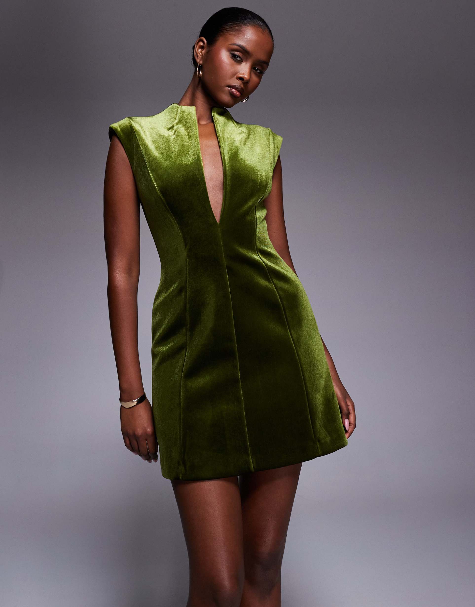 asos design bonded velvet tailored plunge mini dress in green
