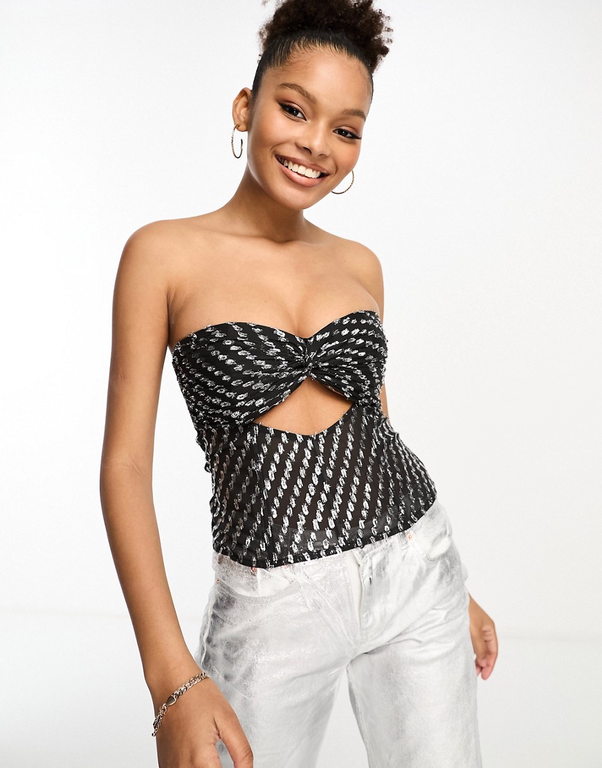 Asos Design Boned Corset With Cut-out In Dot Jacquard-black