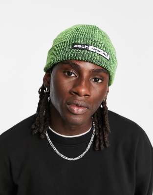 ASOS DESIGN fisherman ribbed beanie in neon and black twist with rubber patch - ASOS Price Checker