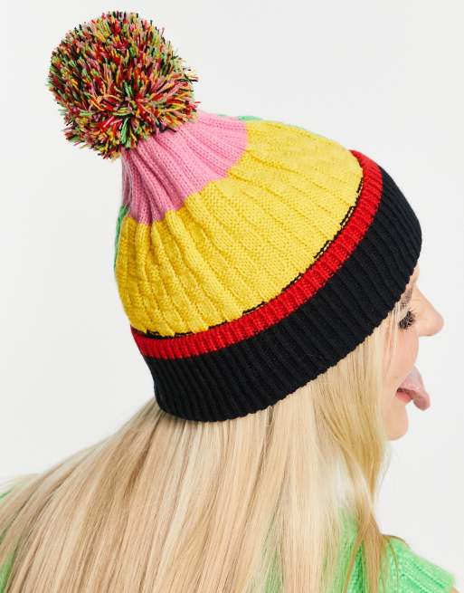 ASOS DESIGN - Bonnet en maille à pompon - Multicolore