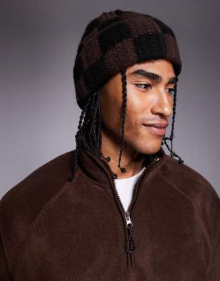 ASOS DESIGN - Bonnet en maille côtelée motif damier - Marron et noir-Brown