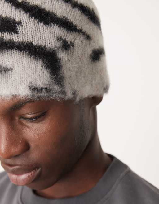 ASOS DESIGN brushed zebra print skull beanie in mono