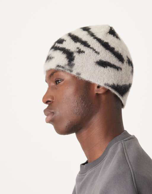 ASOS DESIGN brushed zebra print skull beanie in mono