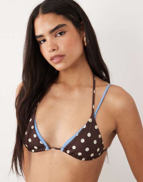ASOS DESIGN Bonnie polka dot double layer triangle bikini top in choc polka dot - view 1