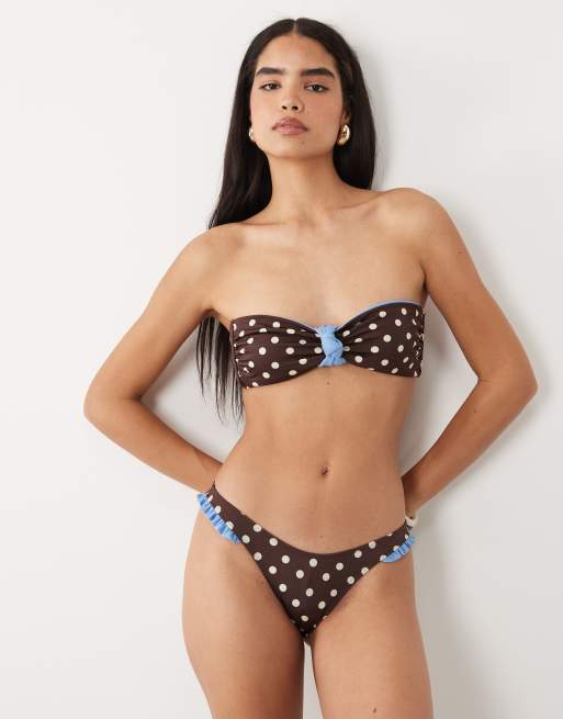 ASOS DESIGN Bonnie polka dot knot front reversible bandeau bikini top in choc polka dot print, 2 of 4