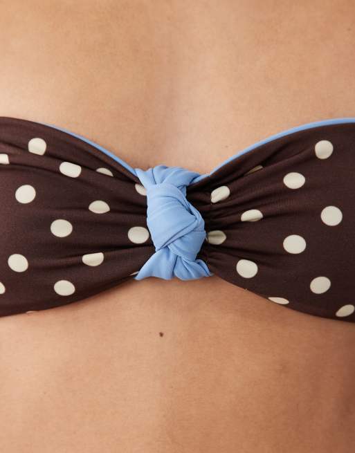 ASOS DESIGN Bonnie polka dot knot front reversible bandeau bikini top in choc polka dot, 3 of 4