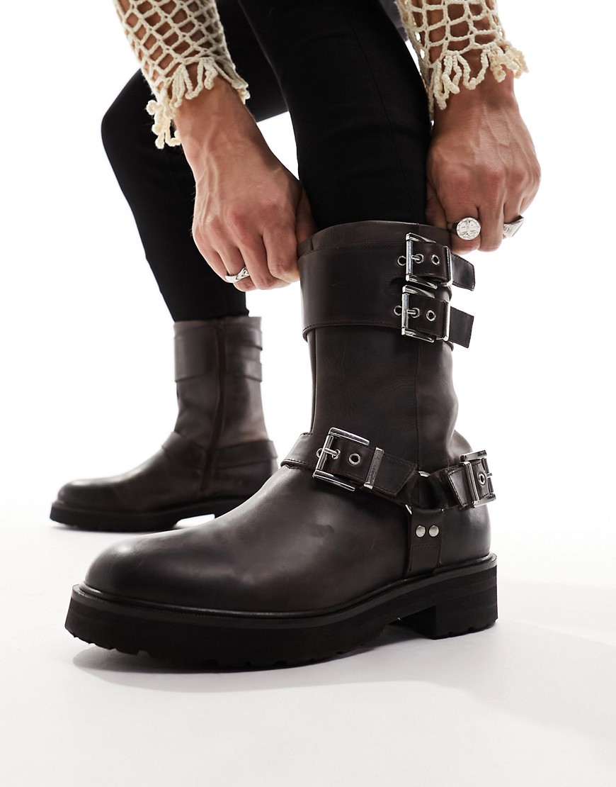 ASOS DESIGN boot in brown leather with buckle details