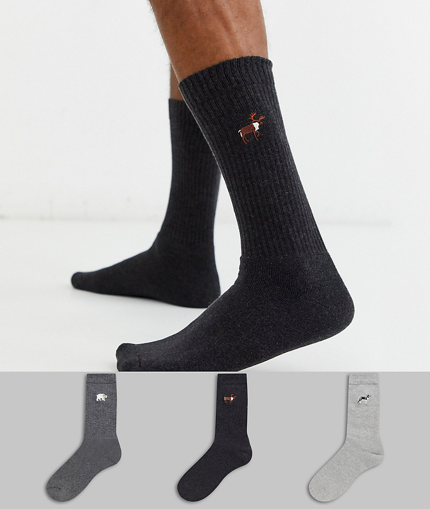 ASOS DESIGN boot sock with Holidays polar animal embroidery 3 pack-Gray