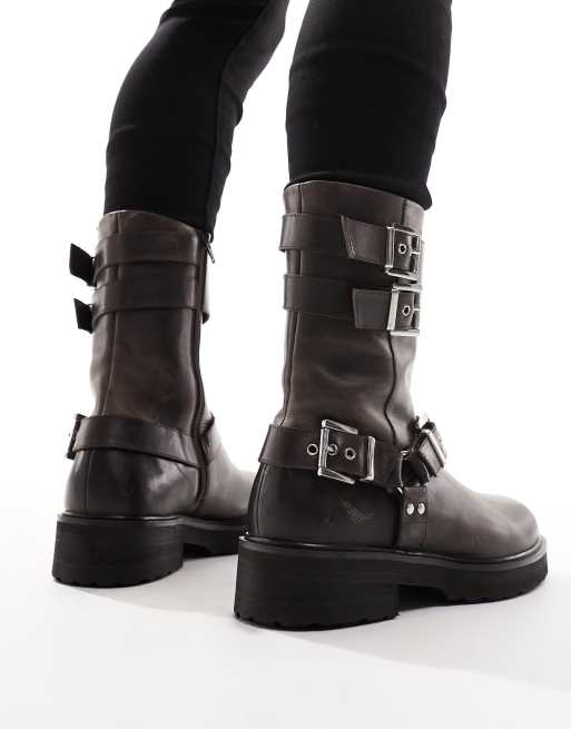 ASOS DESIGN boots in brown leather with buckle details ASOS