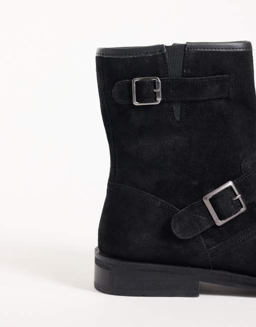 ASOS DESIGN boots med dragkedja och spännesremmar i svart polerad mocka, 4 av 4