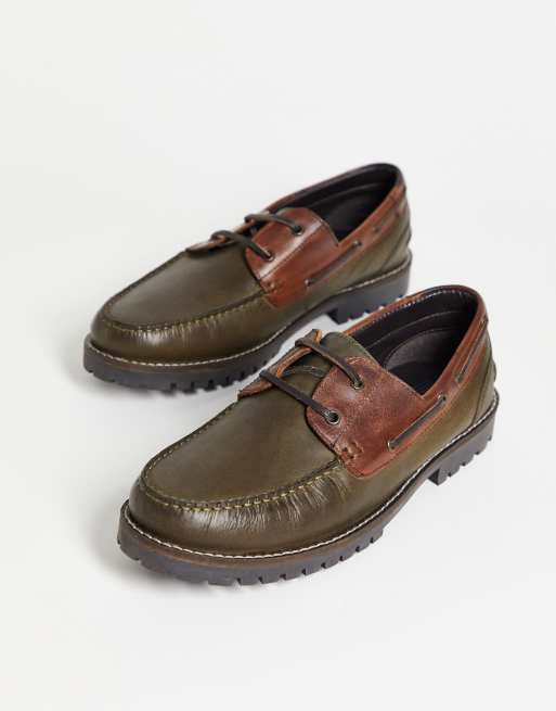 ASOS DESIGN - Bootschoenen van groen leer met bruin inzetstik en dikke zool