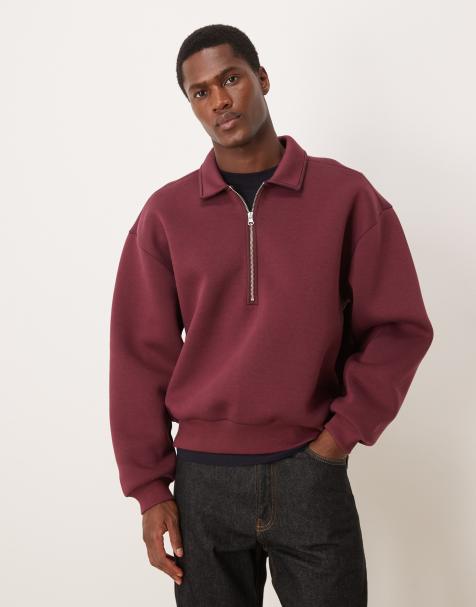ASOS DESIGN - Bordeaux afslappet sweatshirt med krave og halv lynlås i scuba-lignende stof i firkantet pasform - view 1