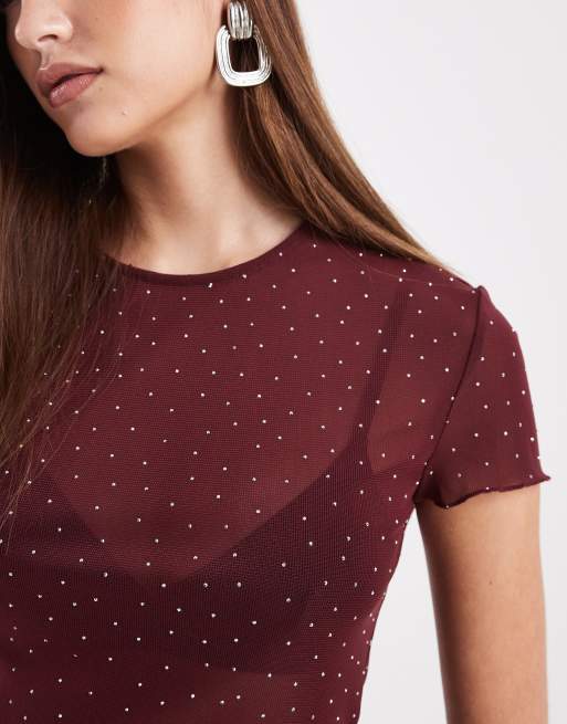 ASOS DESIGN - Bordeaux baby-T-shirt med bølgekant og tekstur i mesh, 2 af 4