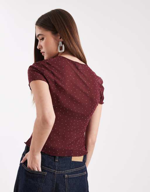ASOS DESIGN - Bordeaux baby-T-shirt med bølgekant og tekstur i mesh, 3 af 4