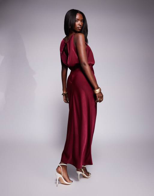 ASOS DESIGN - Bordeaux blouson-midikjole med firkantet hals i satin, 4 af 4