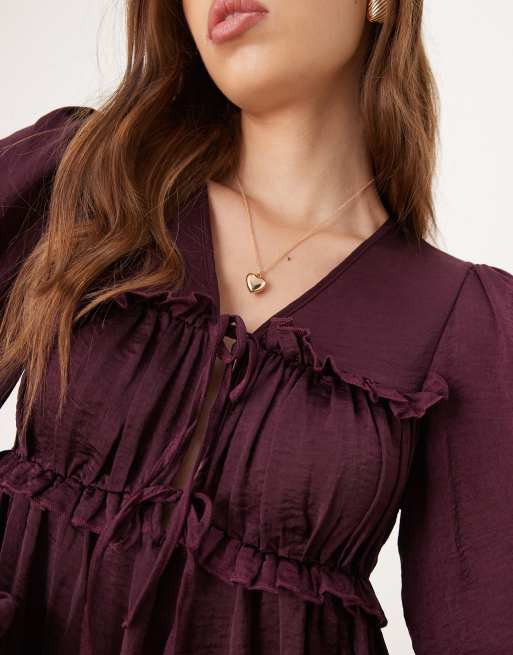 ASOS DESIGN - Bordeaux bluse med rynker og bindedetalje foran, 3 af 4