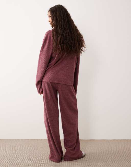 ASOS DESIGN - Bordeaux bukser med brede ben i superblødt børstet ribstrik - Del af sæt, 5 af 5