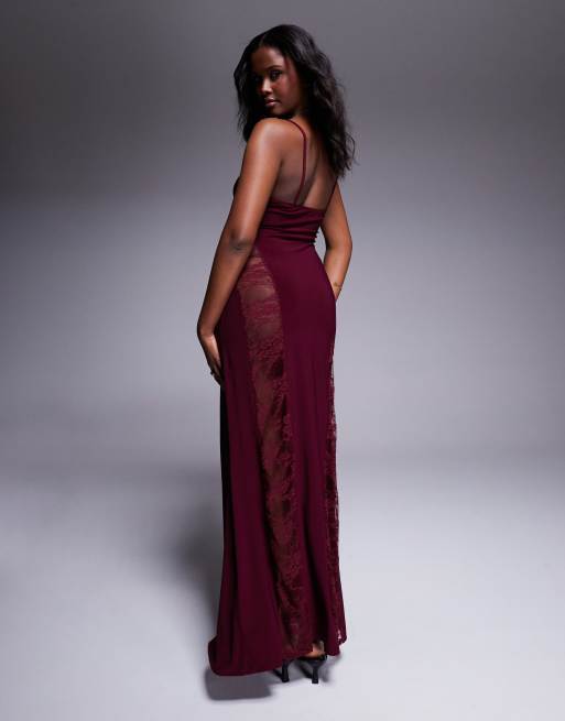 ASOS DESIGN cami lace insert maxi dress in burgundy