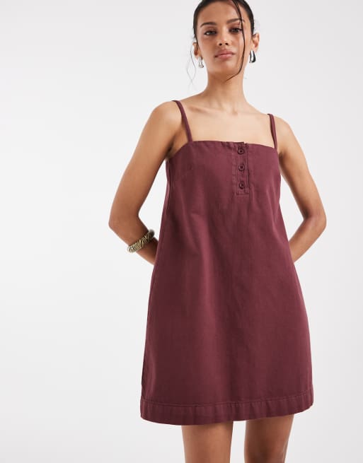 ASOS DESIGN - Bordeaux cami-minikjole med knapdetalje i denim, 3 af 4
