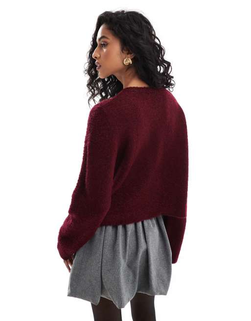 ASOS DESIGN - Bordeaux cardigan med rund hals og guldfarvede knapper i bouclé, 2 af 4
