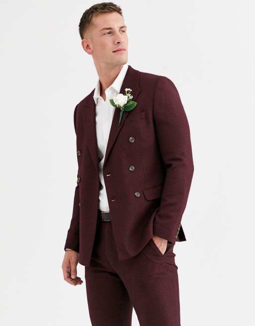 ASOS DESIGN – bordeauxfarvet dobbeltradet bryllups-suit med skinny pasform og mikrostruktur , 2 af 3