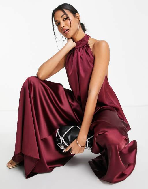 ASOS DESIGN - Bordeaux jumpsuit i satin med halterneck og åben ryg samt ben med vidde , 4 af 4